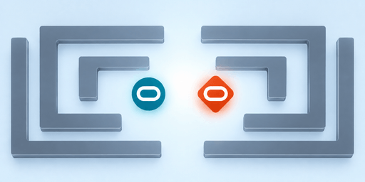 Promotional illustration for Quiet Orbits: a teal circular Spark and orange diamond Spark in a bright open center framed by mirrored stepped walls.
